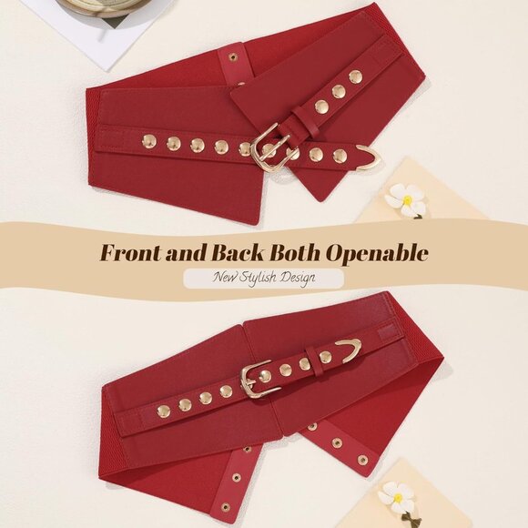 Women Elastic Chunky Stretchy Elegance Belt with Gold Rivets Buckle Daily Red - Picture 3 of 7